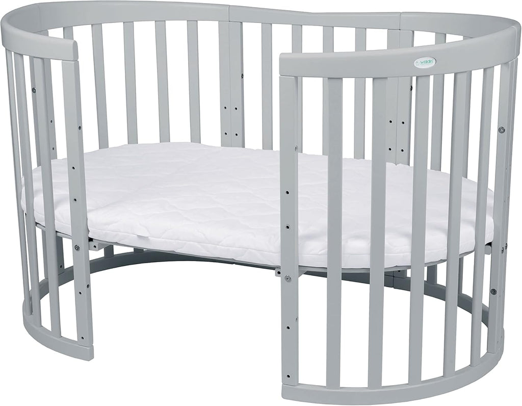 Cuna ovalada evolutiva Waldin, set completo 7 en 1, cuna de barrotes, cama infantil con colchón, cambiador, cuna colecho, madera blanca