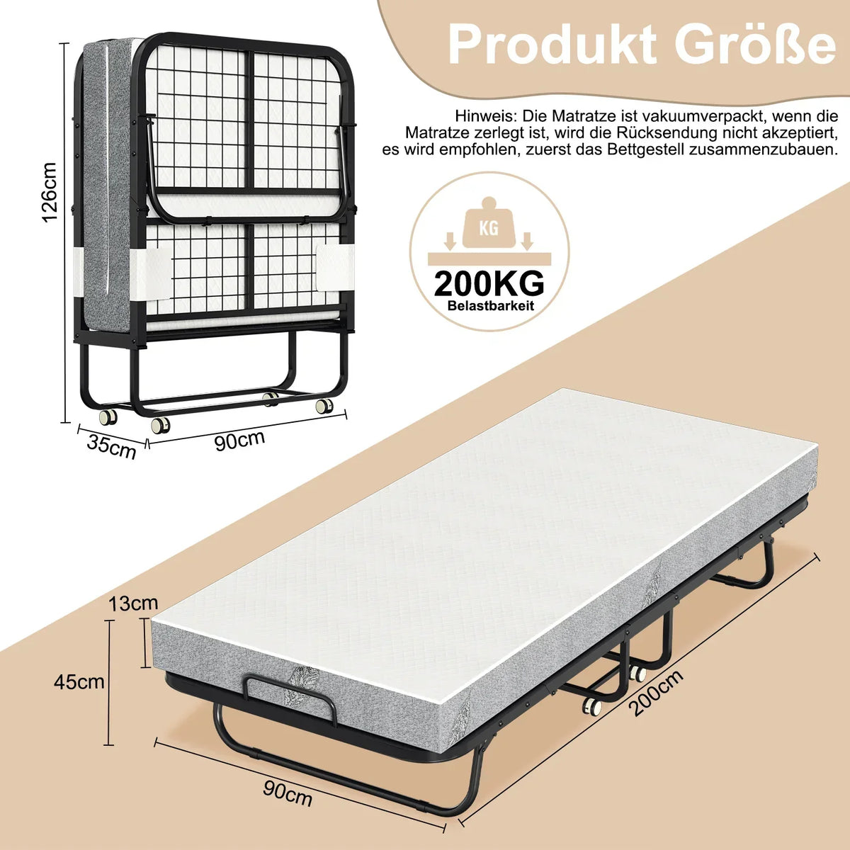 Cama plegable Sonnewelt 90x200 cm con 13 cm de grosor y ruedas