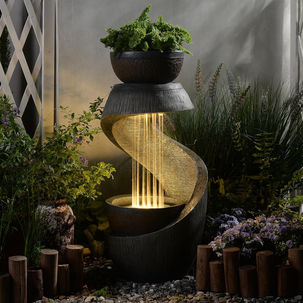 Fuente de jardín Bumilgar, fuente ornamental, fuente de interior, fuente con luz LED, cascada, juego de agua para jardín, balcón, terraza, 82 cm