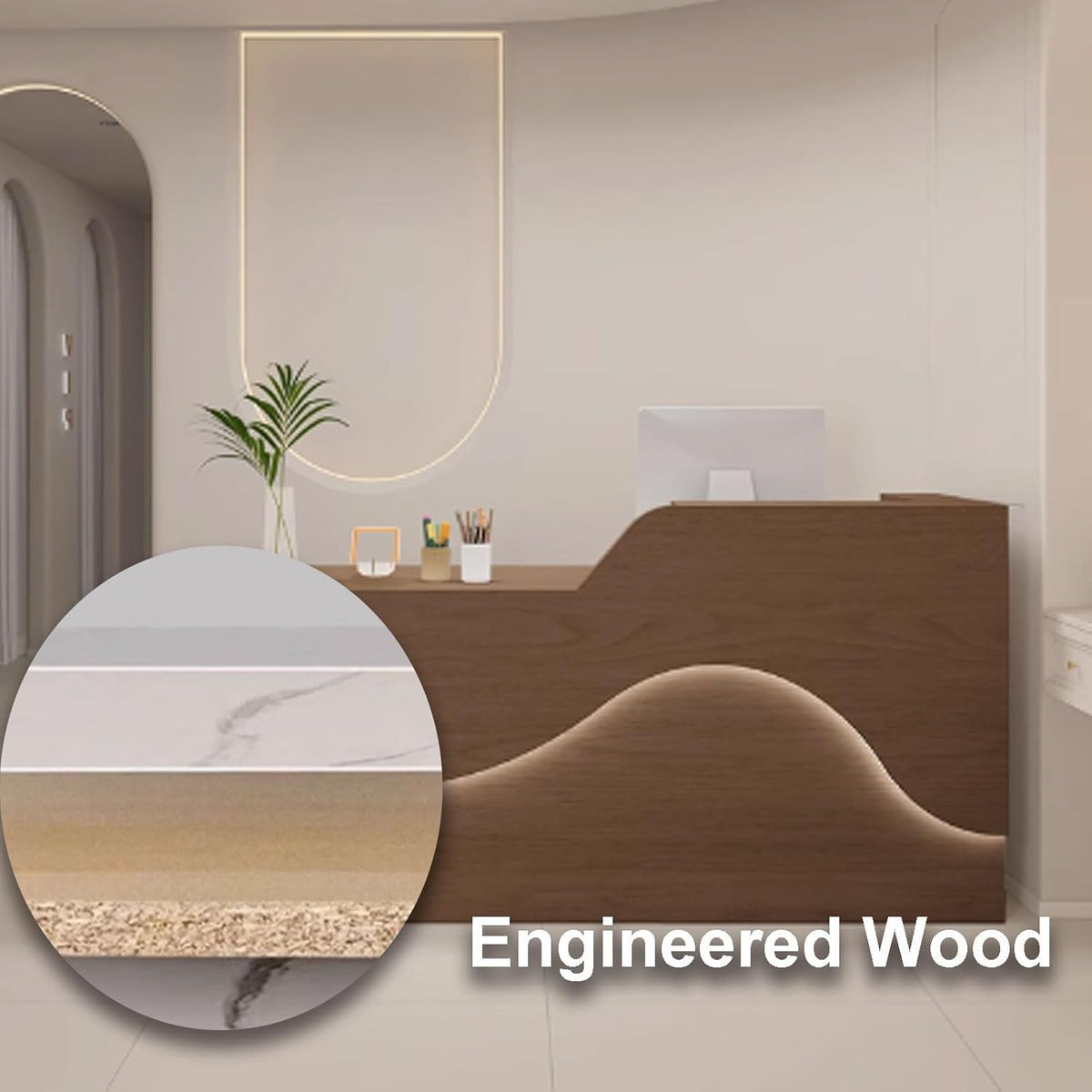 Mostrador de recepción, mostrador para consulta, escritorio de recepción moderno, mesa de recepción de oficina de madera con iluminación suave y relajante (beige, 120 cm)