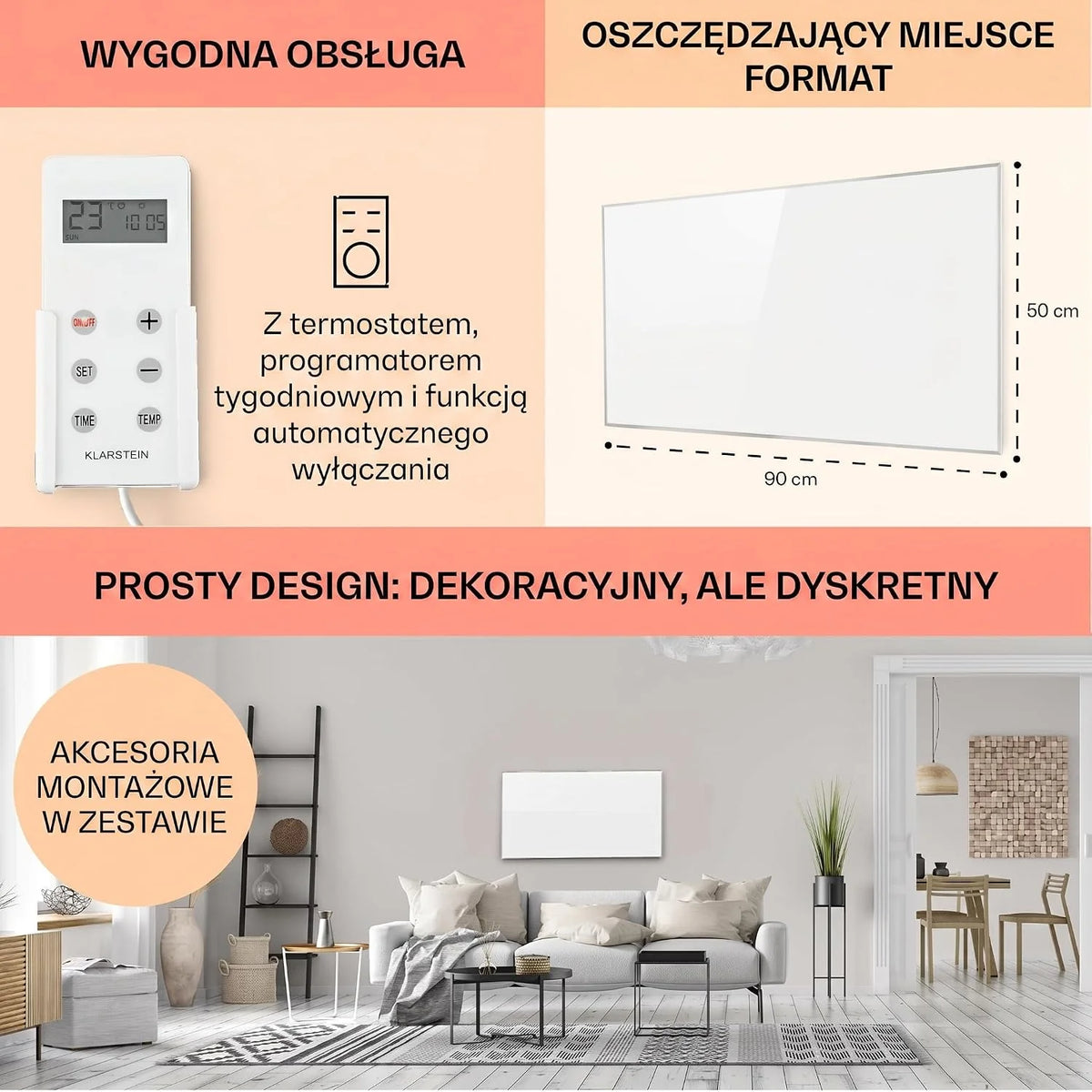 Klarstein Wonderwall - grzejnik ścienny, ogrzewanie na podczerwień, timer tygodniowy, funkcja automatycznego wyłączania, odpowiedni dla alergików, IP24, 50 x 90 cm, biały