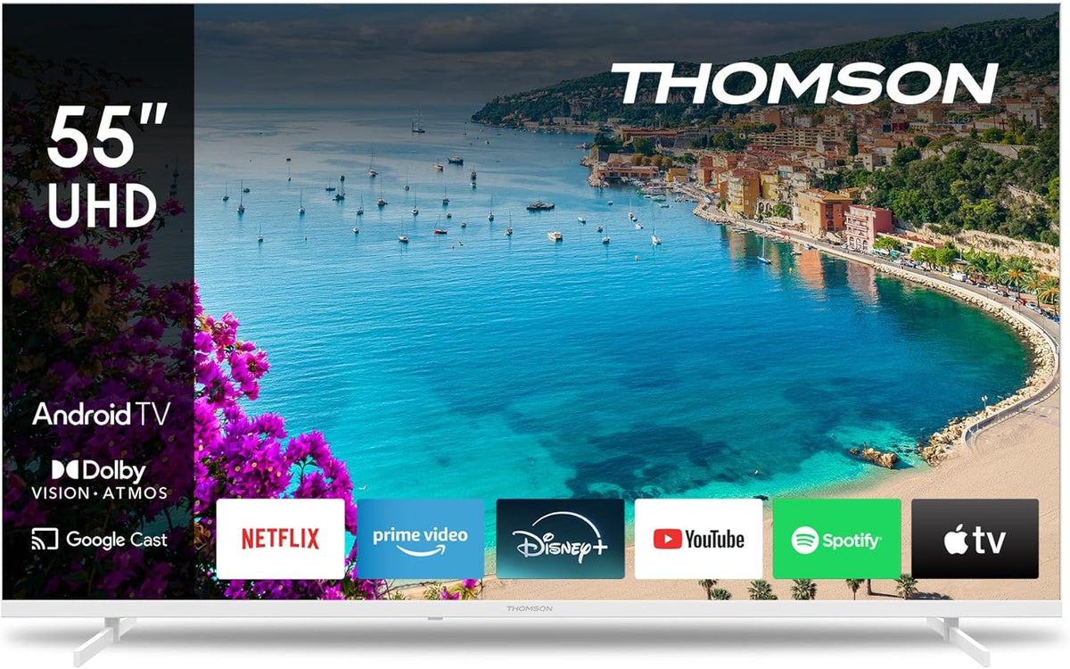 THOMSON Televisor UHD de 55 pulgadas (139 cm) Smart Android TV (WLAN, HDR, Triple sintonizador DVB-C/S2/T2, control por voz) - 55UA5S13W-2023