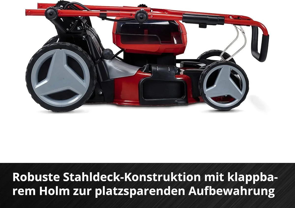 Cortacésped a batería Einhell GE-CM 36/47 S HW Li Kit Power X-Change (36 V, 47 cm de ancho de corte, hasta 700 m², sin escobillas, tracción a las ruedas, saco de recogida de 75 L, incl. 4x 4,0 Ah + 2x cargador doble)