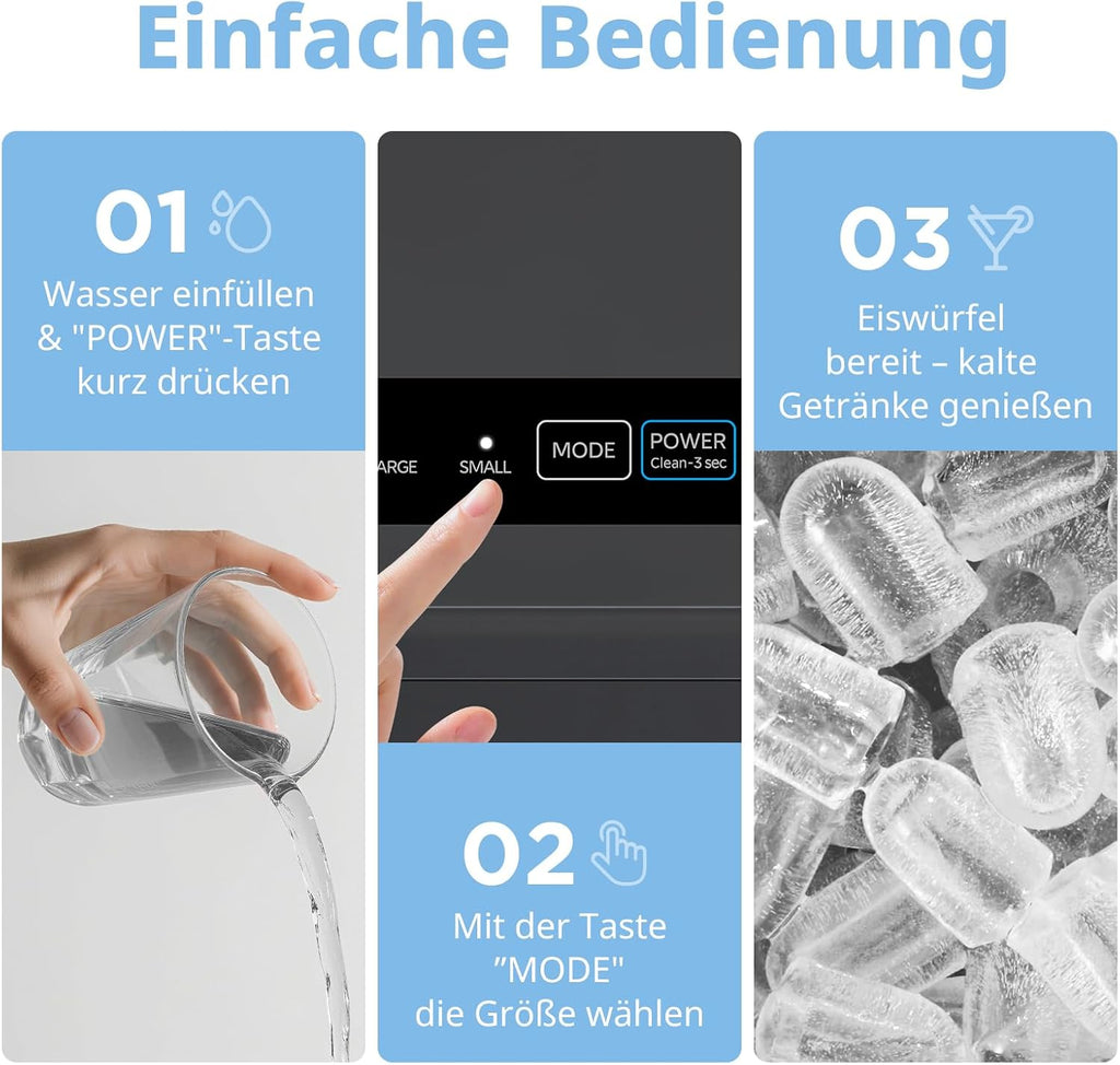 Máquina de hielo Comfee' RCI12BL1EU(E), 8 cubitos en 6 min, 12 kg/24 h, depósito de agua de 1,3 l, función de autolimpieza, máquina de hielo compacta en forma de bala, incluye pala y cesta para el hogar – Negro