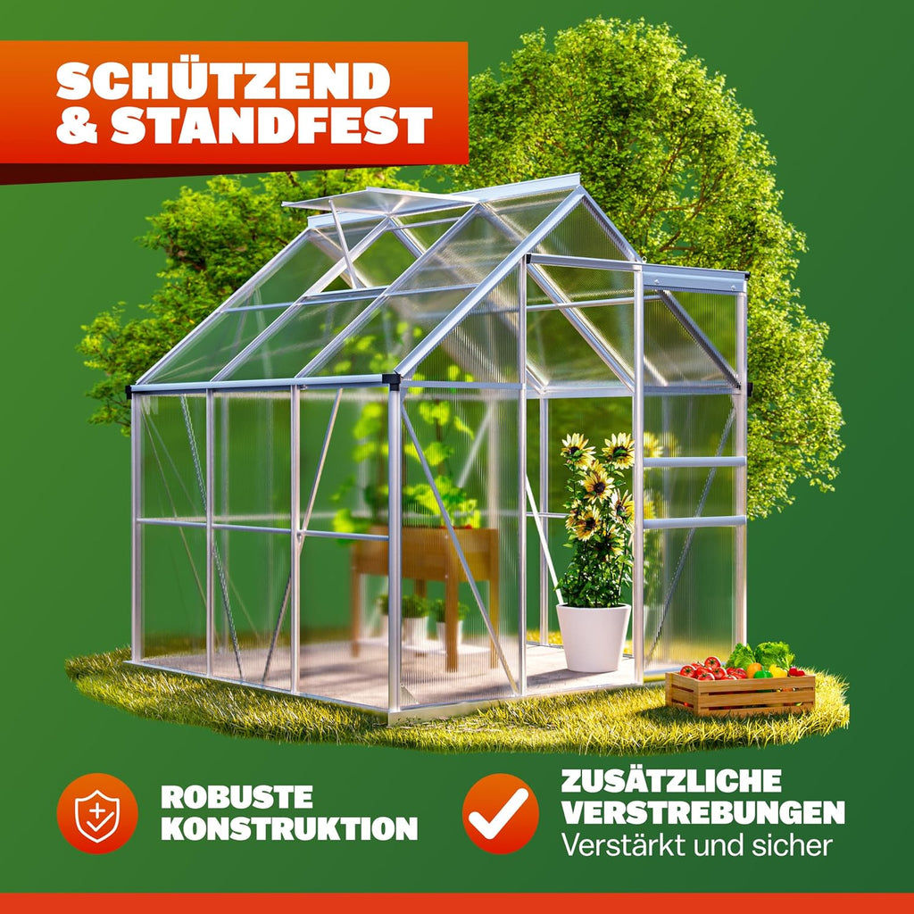 Invernadero GARDEBRUK® de aluminio 3,6m² 190x190cm incl. ventana de techo, caseta para tomates, invernadero, semillero, cobertizo de jardín, cama caliente, casa de plantas, cultivo 5,8m³