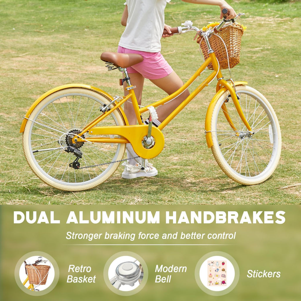 Glerc Missy 20, 24, 26 pulgadas bicicleta híbrida urbana tipo crucero para niñas, de 6 velocidades, con cesta de mimbre, para jóvenes mayores de 6 años, varios colores