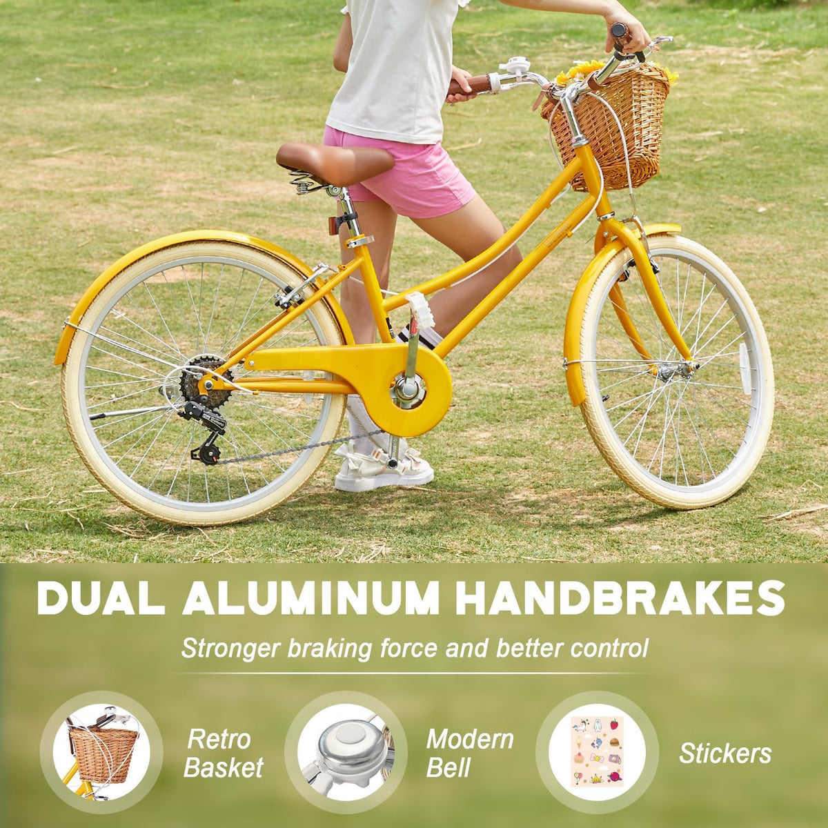 Glerc Missy 20, 24, 26 pulgadas bicicleta híbrida urbana tipo crucero para niñas, de 6 velocidades, con cesta de mimbre, para jóvenes mayores de 6 años, varios colores