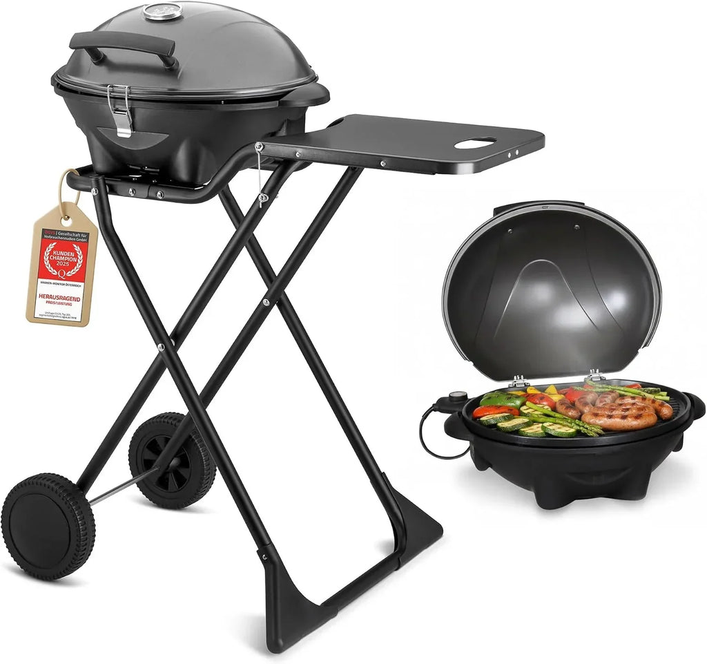 Parrilla eléctrica 2 en 1 de mesa y de pie, 2400 W, con tapa, termómetro, bandeja de goteo y carro con ruedas