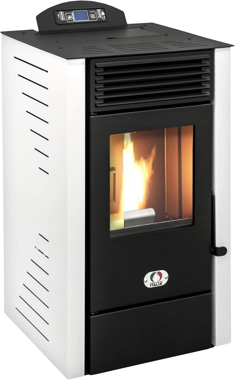 STUFE A PELLET ITALIA California 8 kW, wydajność, 91% ogrzewanie, 70 m², czas pracy 20 h, programowalny 5 prędkości i mocy, kompaktowa konstrukcja, 24 miesiące, biały