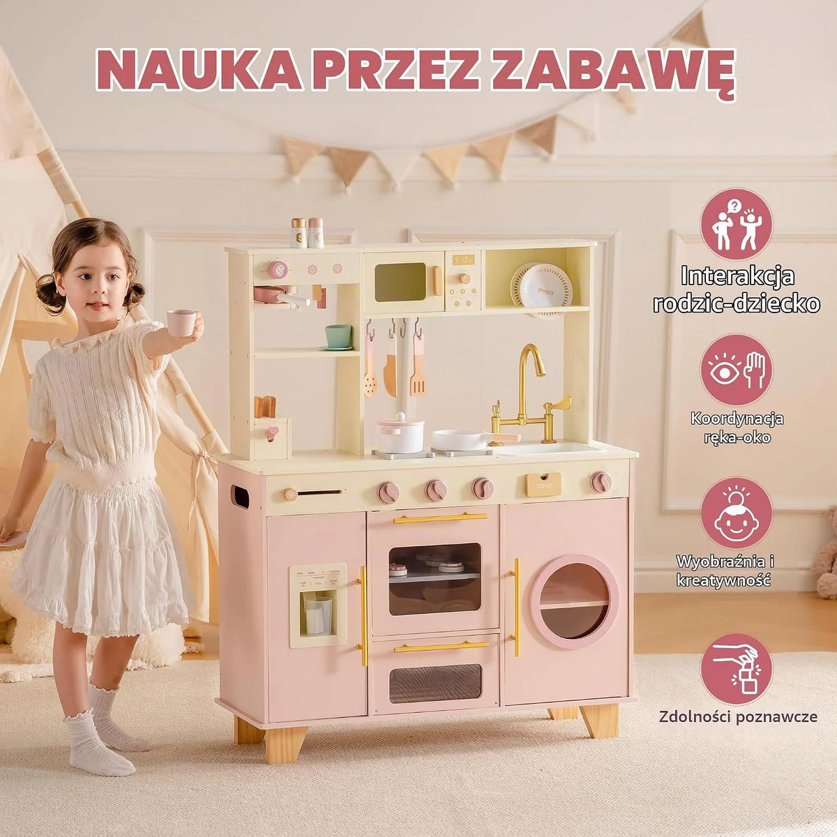 ROBUD Drewniana kuchnia do zabawy dla dzieci, zestaw do zabawy z maszyną do chleba, piekarnik z ciastami, zastawa stołowa, zmywarka, wbudowana kostkarka do lodu, zestaw do gotowania dla chłopców i
