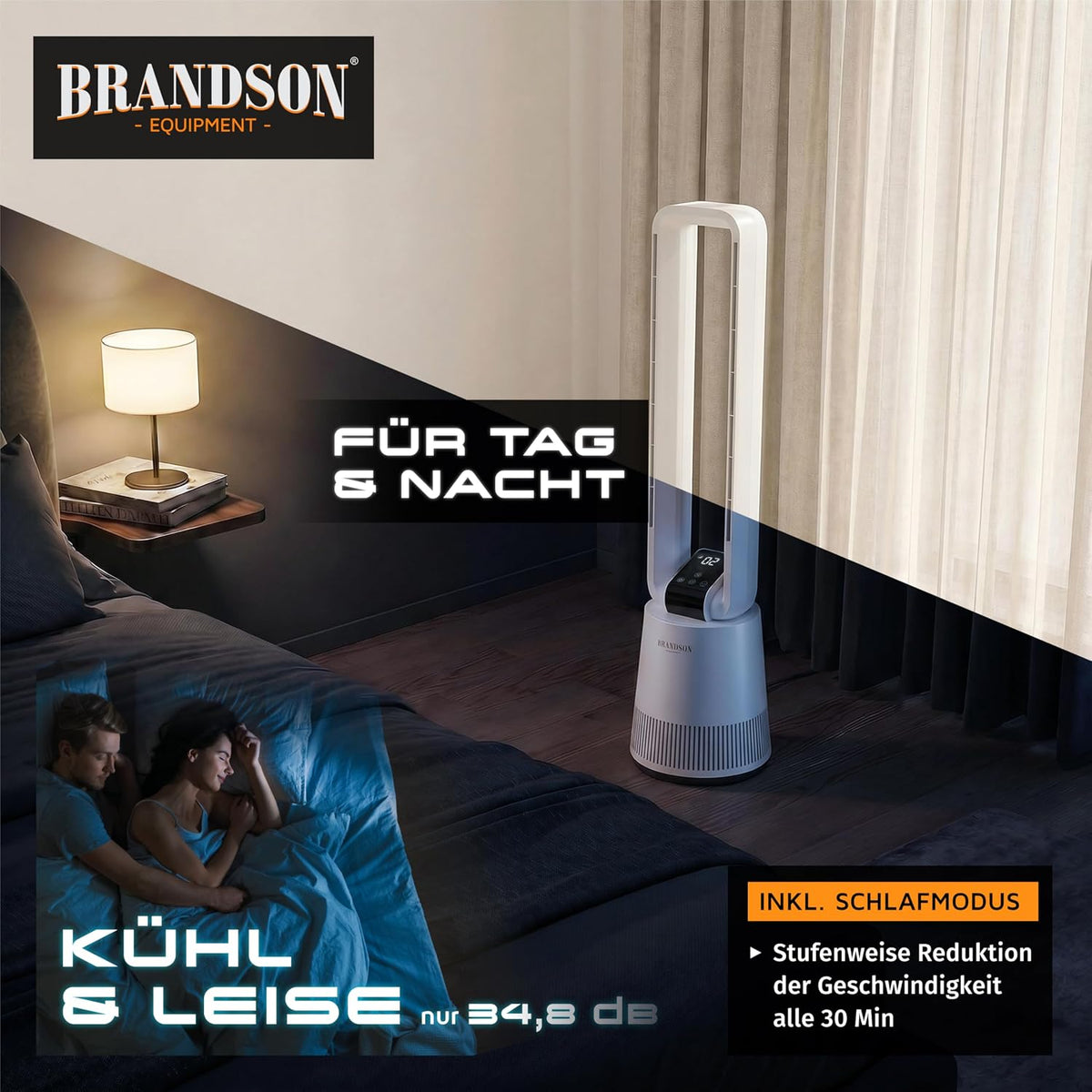 Brandson - Ventilador de torre DC ECO Line - Motor DC muy silencioso - Modo sueño - Con mando a distancia - 3 modos - Oscilación - Eficiencia energética - Para dormitorio, oficina, salón, habitación infantil