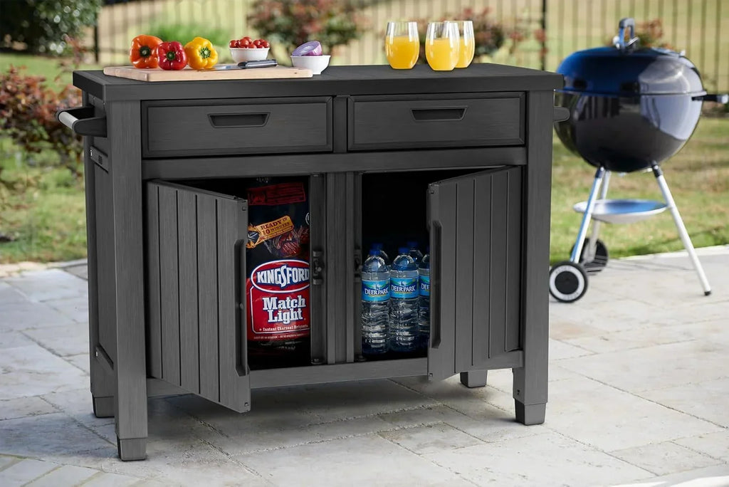 Mesa auxiliar para parrilla de exterior 22634 con 2 cajones, aspecto de madera, resina sintética, espacio de almacenamiento, 124 cm, para jardín y zona de barbacoa