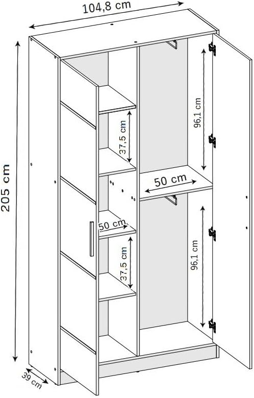 KIER FURNITURE Armario con espejo - Armario dormitorio - Armario recibidor - Barra de colgar extraíble - Eden v4 - AnxAlxPr 104,8x205x39cm - 2 puertas - Blanco y negro