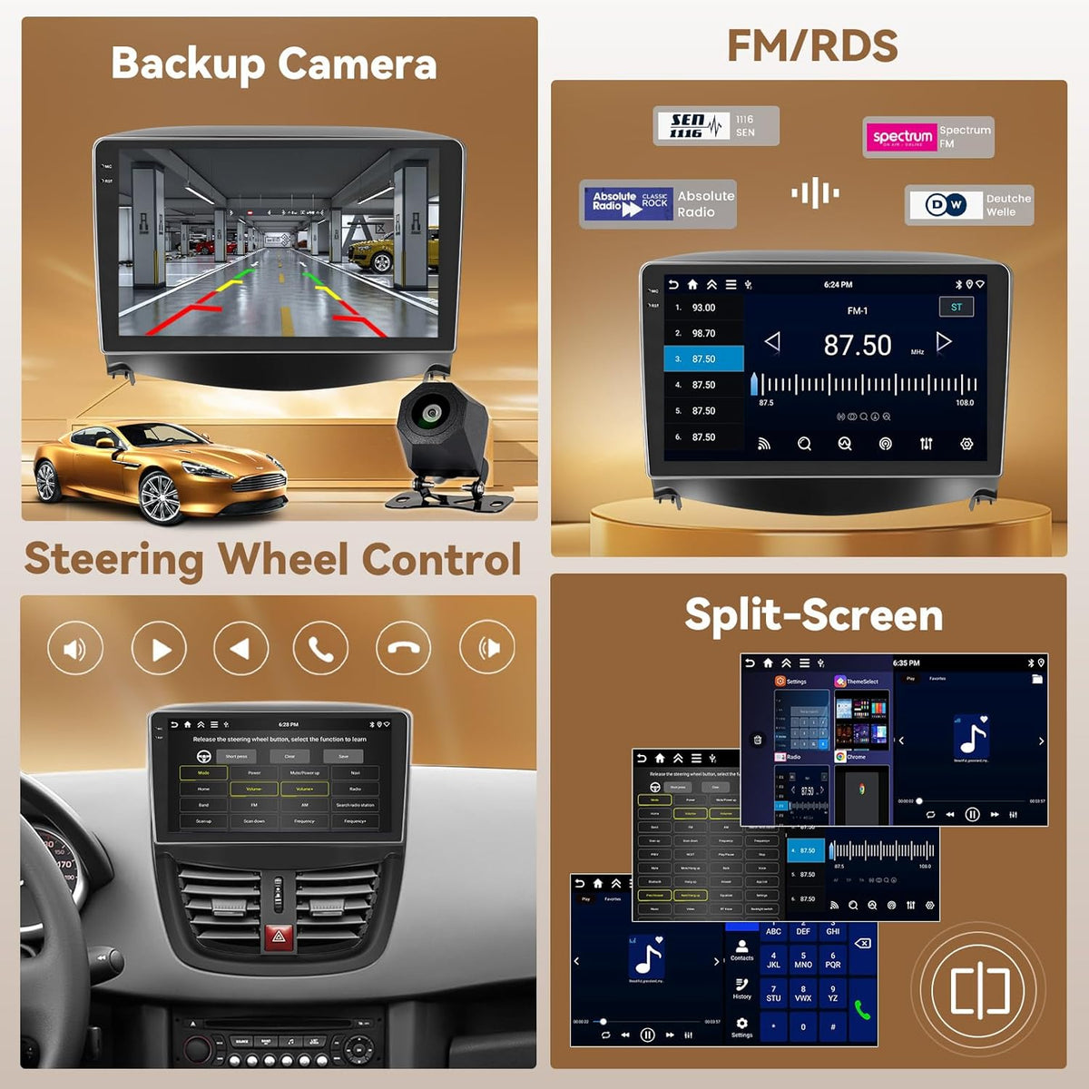 Autorradio Hikity Android 15 4+64 GB con pantalla táctil Incell de 9 pulgadas para Peugeot 207 2006-2010, radio de coche con Apple CarPlay y Android Auto inalámbricos, BT/WiFi/FM/RDS + cámara de visión trasera + micrófono
