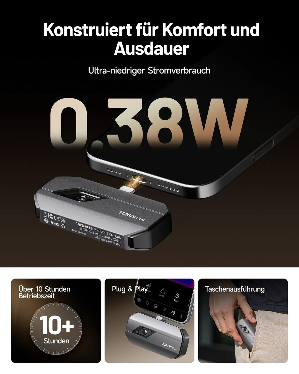 Cámara termográfica TC002C Duo 512 x 384 25 Hz 40 mK USB-C para Android iOS con cámara infrarroja