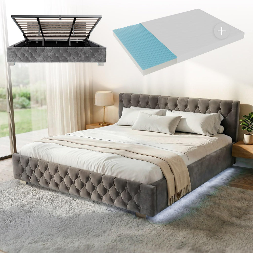 Cama tapizada Juskys Nizza 180x200 cm con colchón, estructura de cama con somier, almacenamiento e iluminación LED, tapizado de terciopelo, acolchado Chesterfield, gris