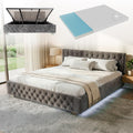 Cama tapizada Juskys Nizza 180x200 cm con colchón, estructura de cama con somier, almacenamiento e iluminación LED, tapizado de terciopelo, acolchado Chesterfield, gris