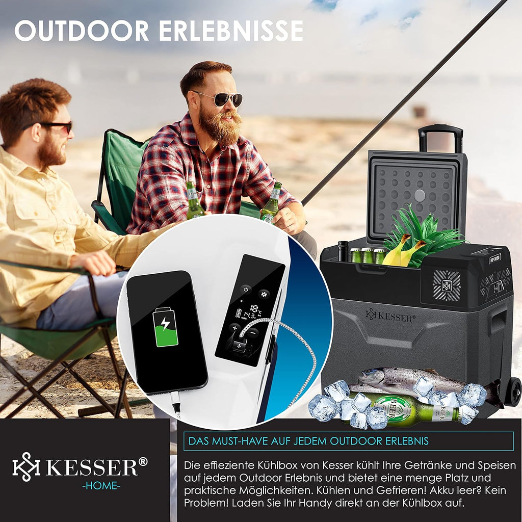 KESSER® Nevera de compresor eléctrica para coche de 50L, nevera de camping 12/24/230V con control por APP, congelador hasta –20 °C, nevera con ruedas y asa telescópica para camping, autocaravana, camión y barco + 2 acumuladores de frío