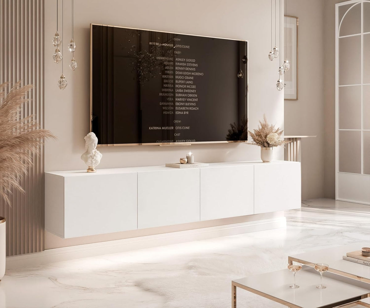 Mueble de TV de 200 cm, blanco mate, con 4 compartimentos grandes prácticos e iluminación LED - Mueble de TV colgante ideal para salones con estilo