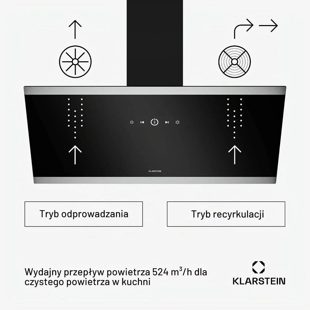 Klarstein FlashLine Okap kuchenny – Okap skośny 90 cm, Ekran dotykowy, 578 m³/h, Klasa energetyczna A++, Oświetlenie LED, 34,5 dB, Czarny, Tryb wyciągu i recyrkulacji