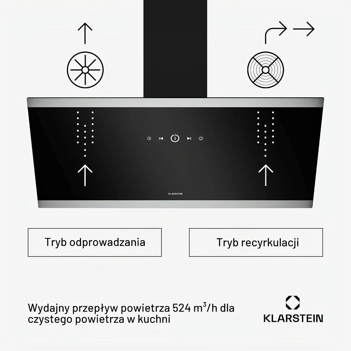 Klarstein FlashLine Okap kuchenny – Okap skośny 90 cm, Ekran dotykowy, 578 m³/h, Klasa energetyczna A++, Oświetlenie LED, 34,5 dB, Czarny, Tryb wyciągu i recyrkulacji