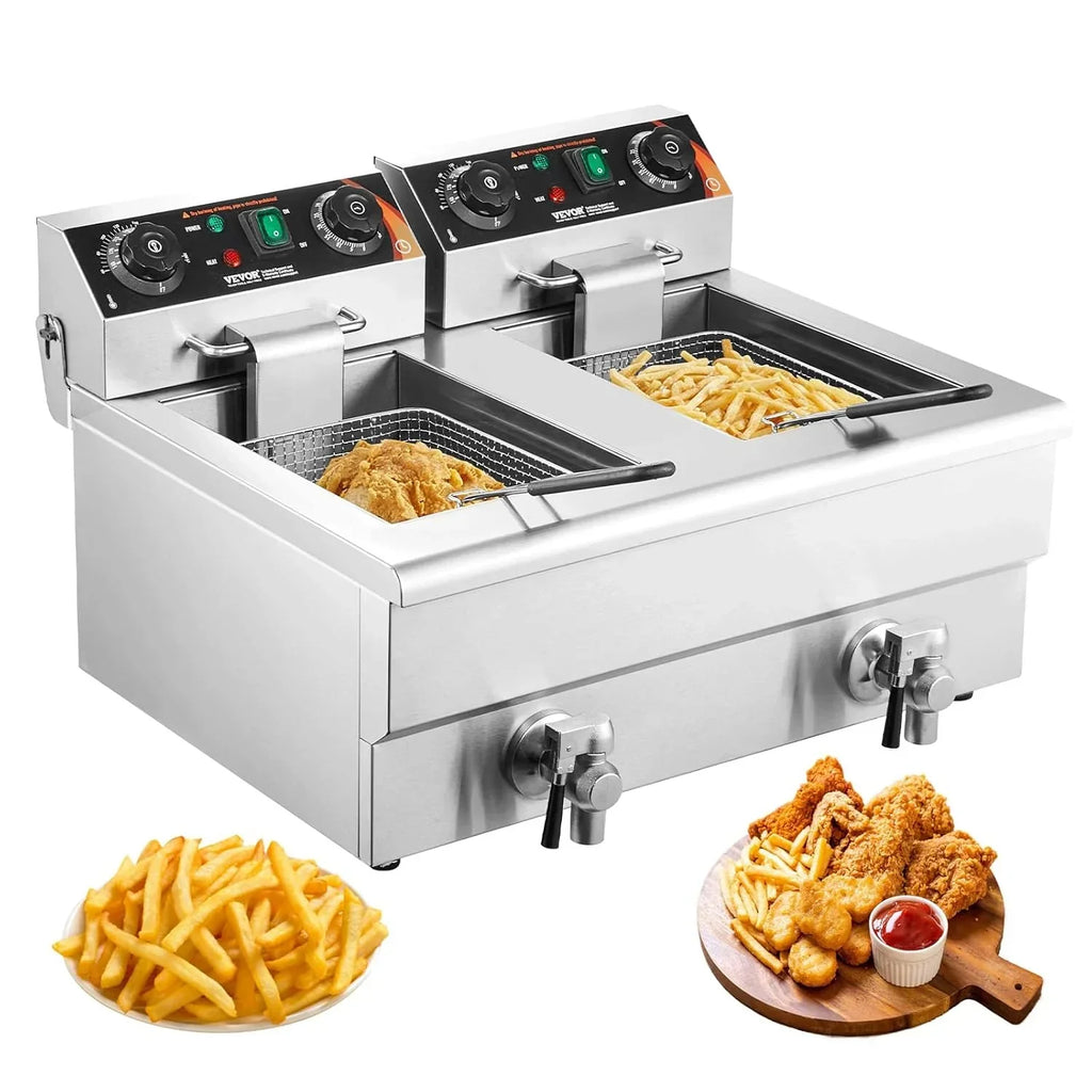 Freidora eléctrica doble de 2 x 8L 3000W, freidora de sobremesa de acero inoxidable con control de temperatura y temporizador, doble cubeta y cestas