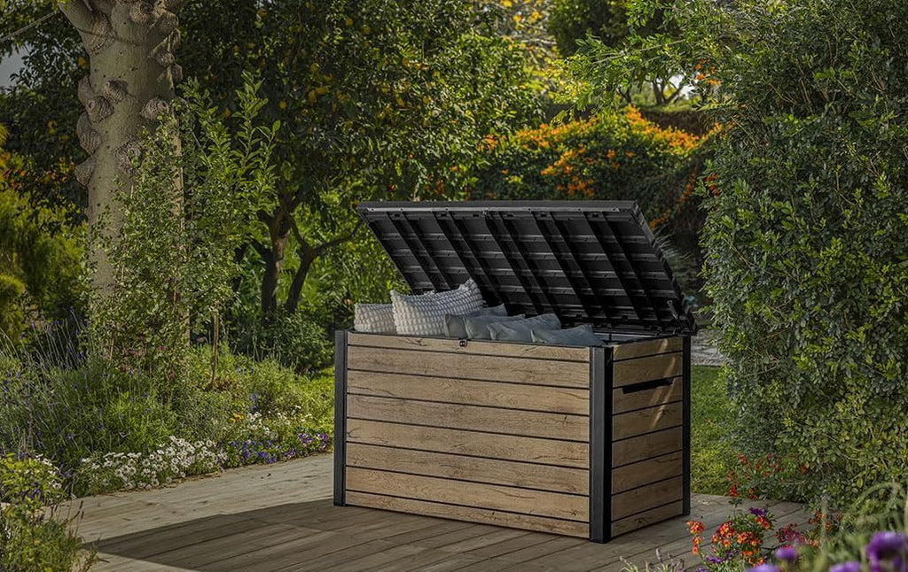 Baúl de almacenamiento Keter Ontario 870 litros | 100 % impermeable con ventilación para evitar malos olores y moho | Diseño moderno efecto madera | Tapa con pistones de gas