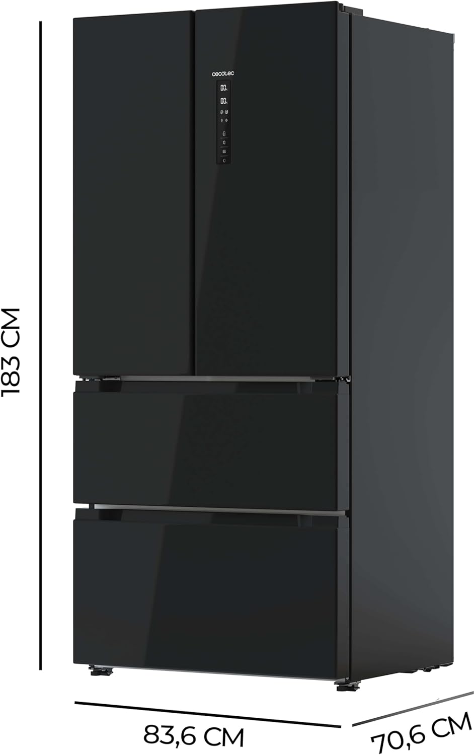 Frigorífico Cecotec French Door de cristal 510 L Bolero CoolMarket FD 510 Glass E. 183 cm de alto, 84 cm de ancho, motor Inverter Plus, refrigeración y congelación rápida, MultiAirFlow, Total NoFrost