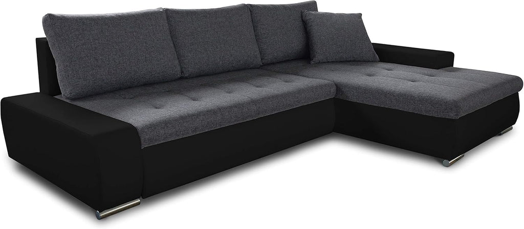 Sofá esquinero con función cama Faris - Sofá con arcón, sofá grande, conjunto de sofás, conjunto de sofás, sofá rinconera, cama (Negro + Grafito (Madryt 1100 + Inari 94), sofá esquinero derecho)