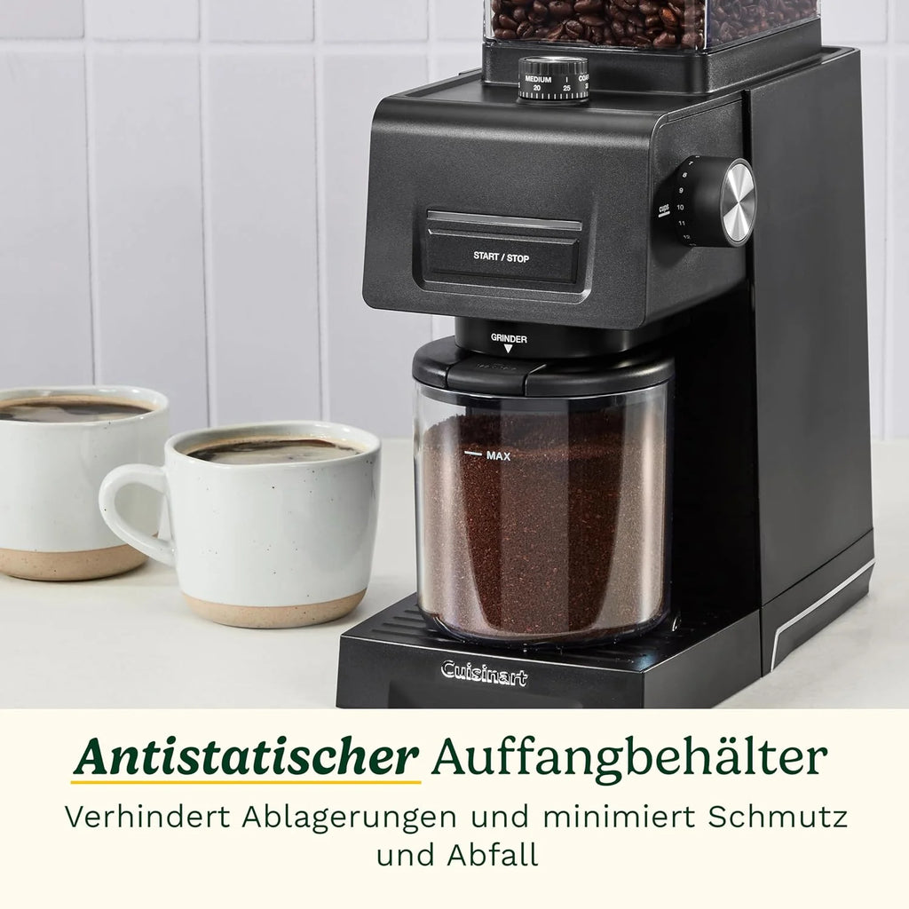Cuisinart stożkowy młynek do kawy do espresso i kawy; 35 ustawień; zbiornik na ziarna 225 g z silikonową pokrywą; kompatybilny z portafiltrem; w zestawie łyżka i szczotka do czyszczenia