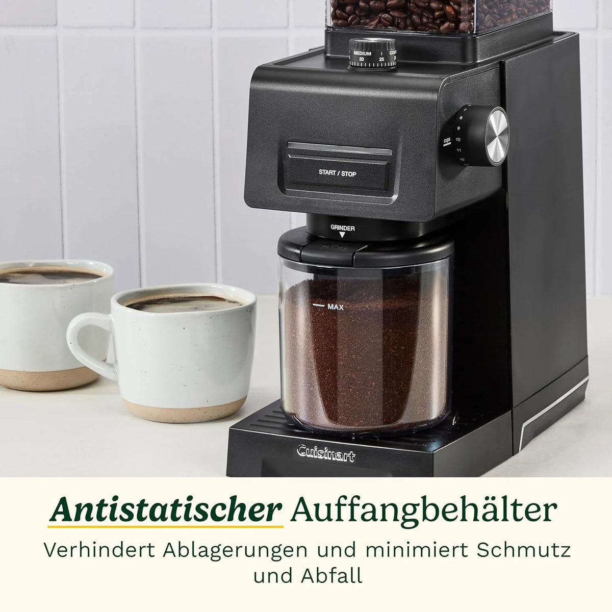Cuisinart stożkowy młynek do kawy do espresso i kawy; 35 ustawień; zbiornik na ziarna 225 g z silikonową pokrywą; kompatybilny z portafiltrem; w zestawie łyżka i szczotka do czyszczenia