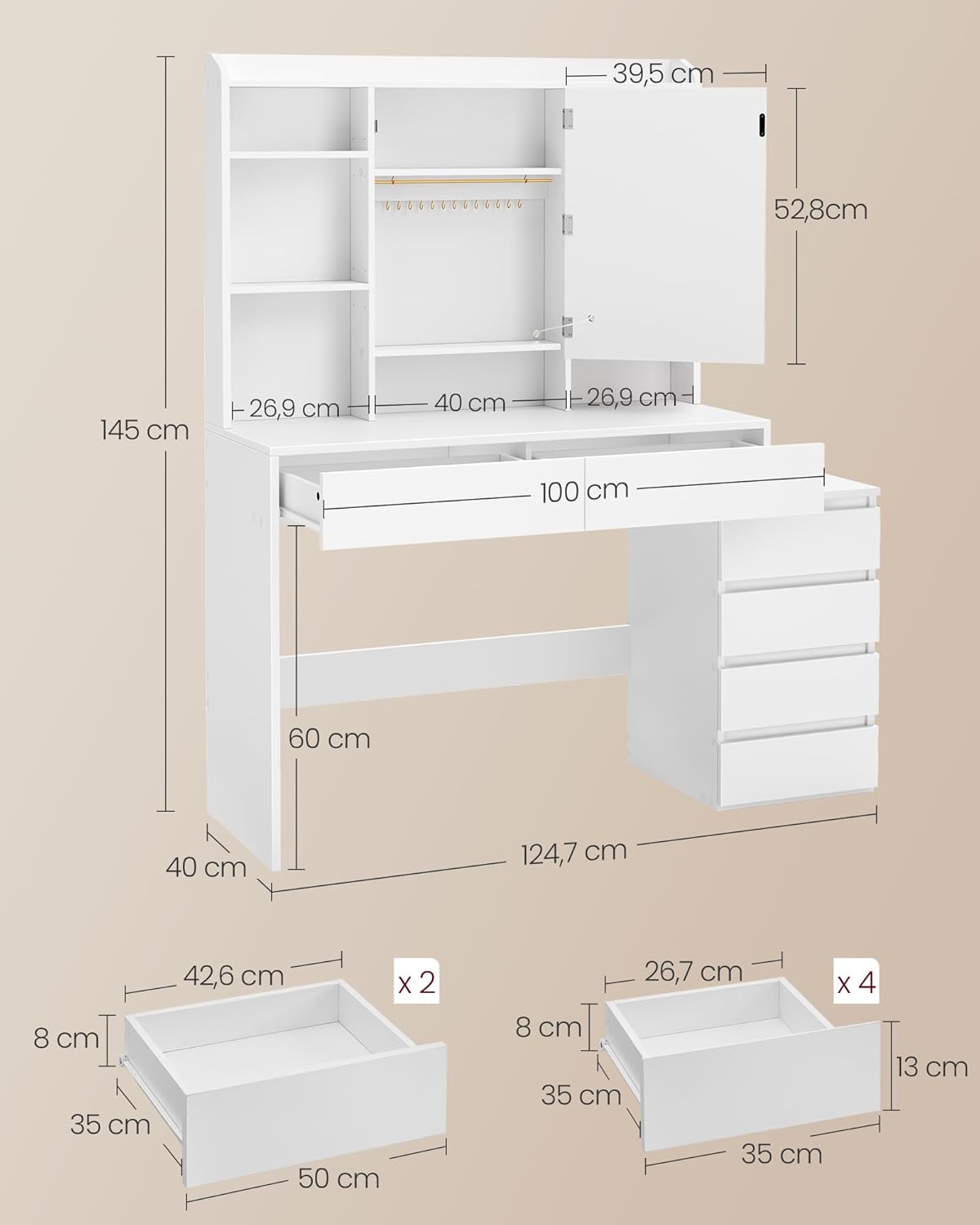Colección VASAGLE Kailyn - Tocador con iluminación LED, mesa de maquillaje con regleta, espejo, tocador con estantes ajustables, moderno, 40 x 124,7 x 145 cm, blanco nube RDT644WB01