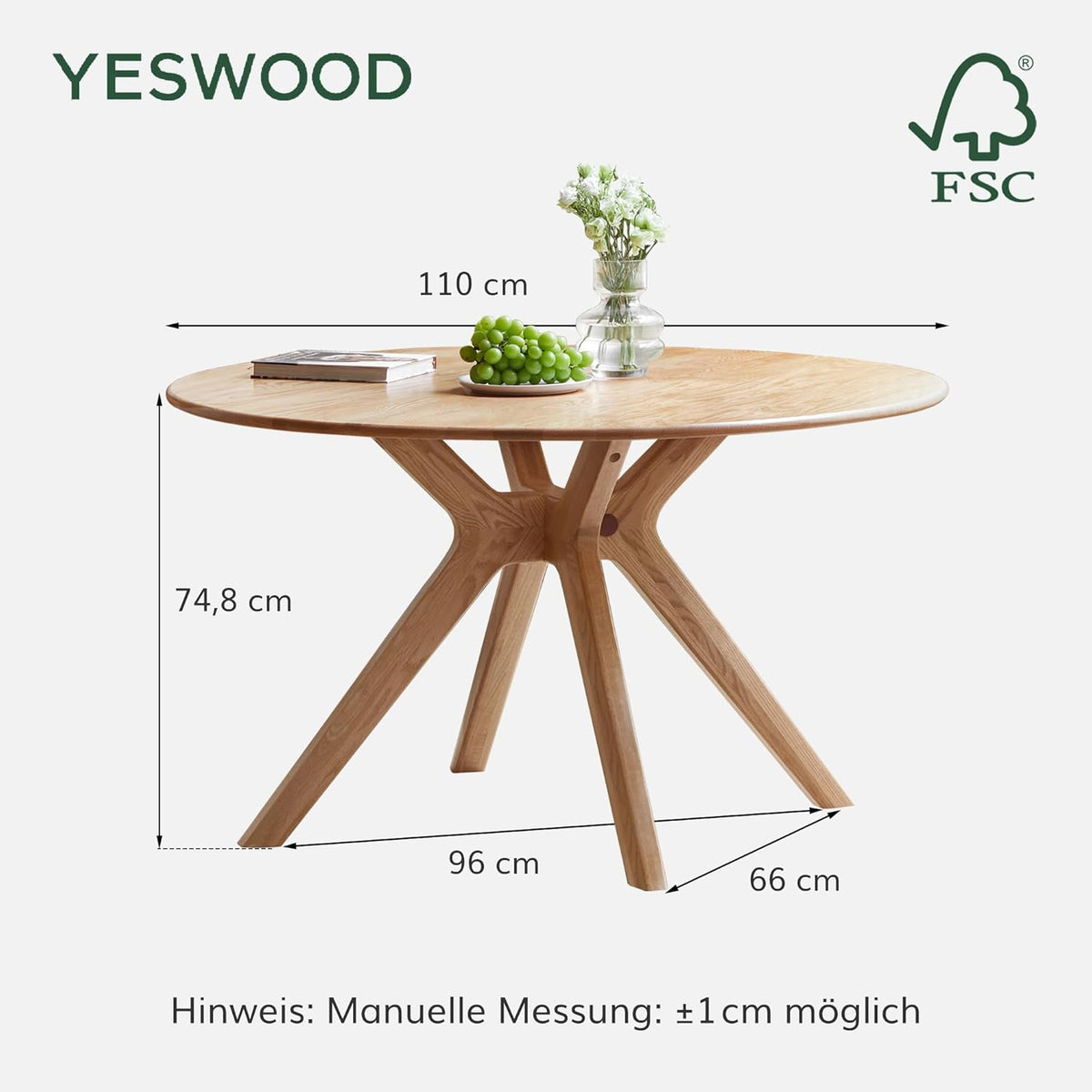 Mesa de comedor de madera maciza de roble YESWOOD, mesa redonda de 120 cm, 0% chapa, mesa de cocina moderna, mesa de comedor redonda, estable, mesa para 4-6 personas, 120x120x74,8 cm, color natural