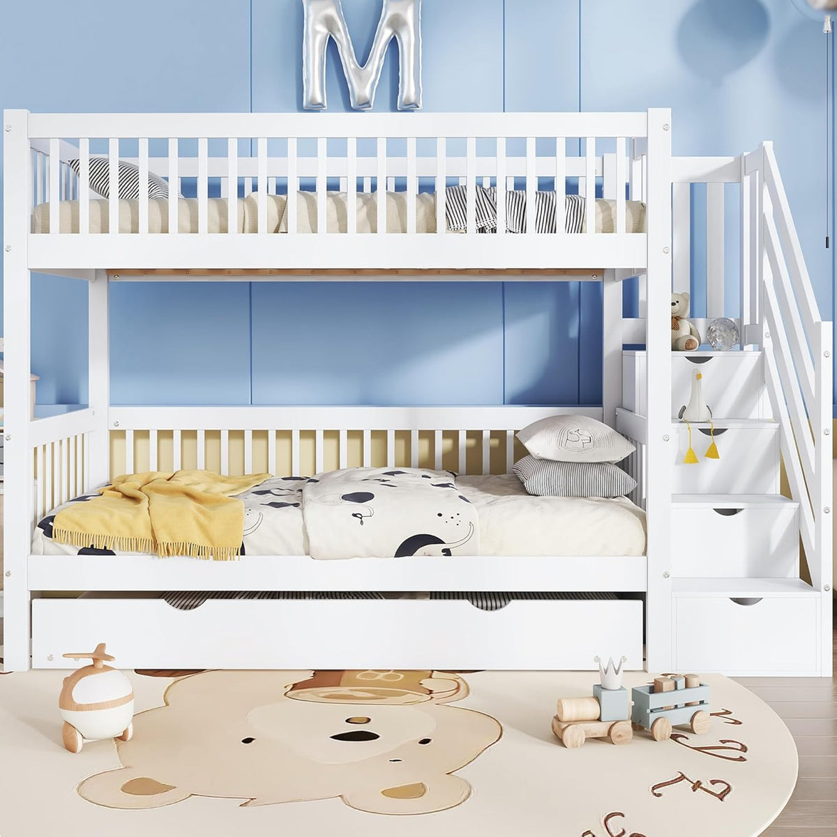 Cama litera infantil Rtopsu 90x200 cm con cama extraíble, cama alta con escalera y estantería de almacenamiento, cama casita con somier de madera y protección anticaída para 2-3 niños, blanco, sin colchón