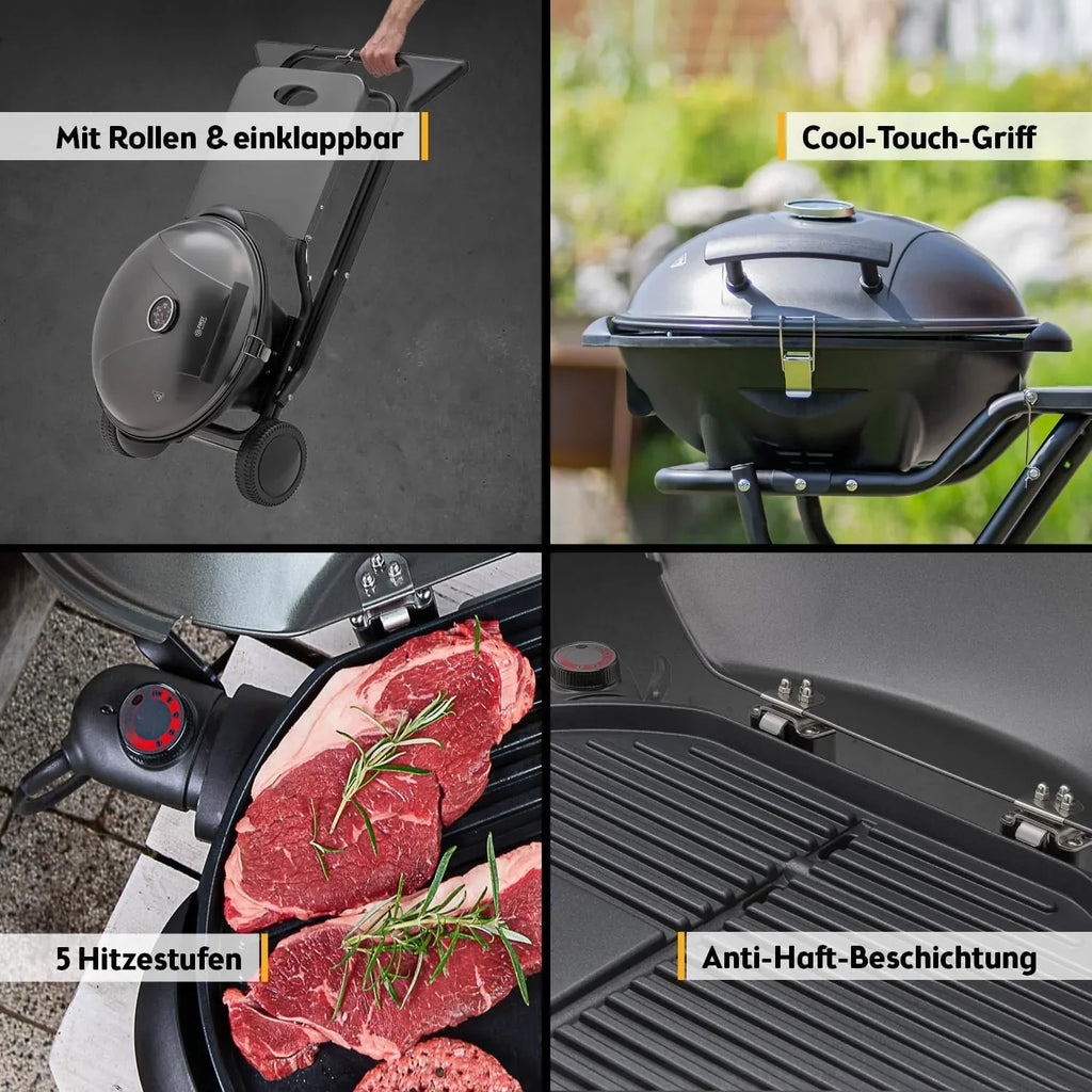 Parrilla eléctrica 2 en 1 de mesa y de pie, 2400 W, con tapa, termómetro, bandeja de goteo y carro con ruedas