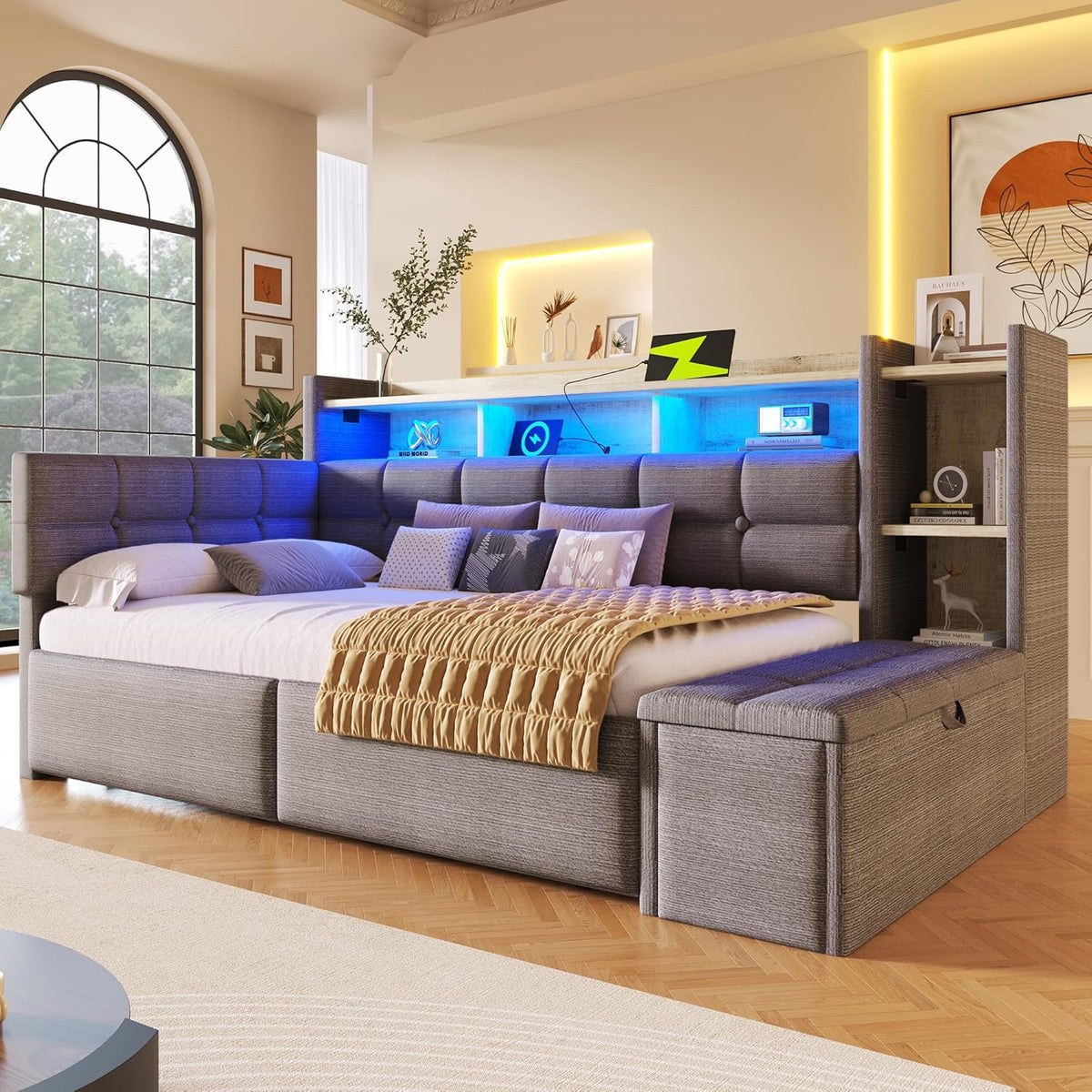 Cama nido, sofá cama, 90 × 190 cm, con dos cajones, puertos USB y tipo C, compartimento de almacenamiento, banco de almacenaje a los pies de la cama, tira de luz LED, sin colchón, terciopelo, gris oscuro