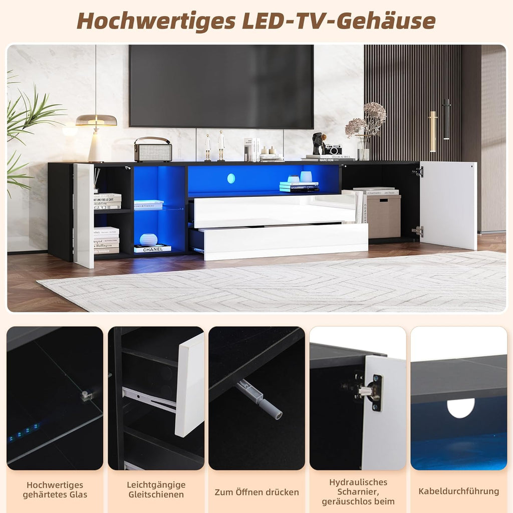 Mueble de TV Merax con LED, mueble para televisión de alto brillo con 2 puertas y 2 cajones, soporte para televisores de hasta 75 pulgadas, mueble bajo para salón, dormitorio, comedor, 180 cm, blanco y negro