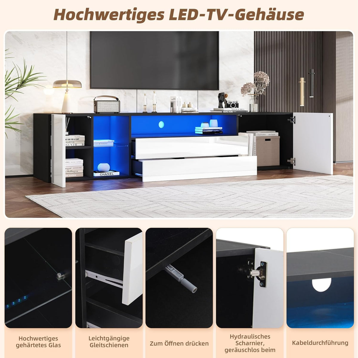 Mueble de TV Merax con LED, mueble para televisión de alto brillo con 2 puertas y 2 cajones, soporte para televisores de hasta 75 pulgadas, mueble bajo para salón, dormitorio, comedor, 180 cm, blanco y negro