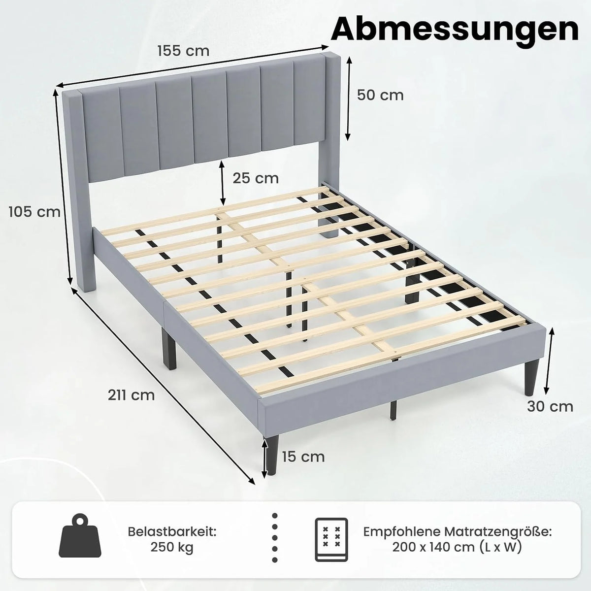 COSTWAY Rama łóżka na materac 200 x 140 cm, tapicerowany stelaż łóżka dwuosobowego, łóżko z podnóżkiem z zagłówkiem, drewniana podpora, regulowane podkładki pod stopy, kolor szary (Model I,L)