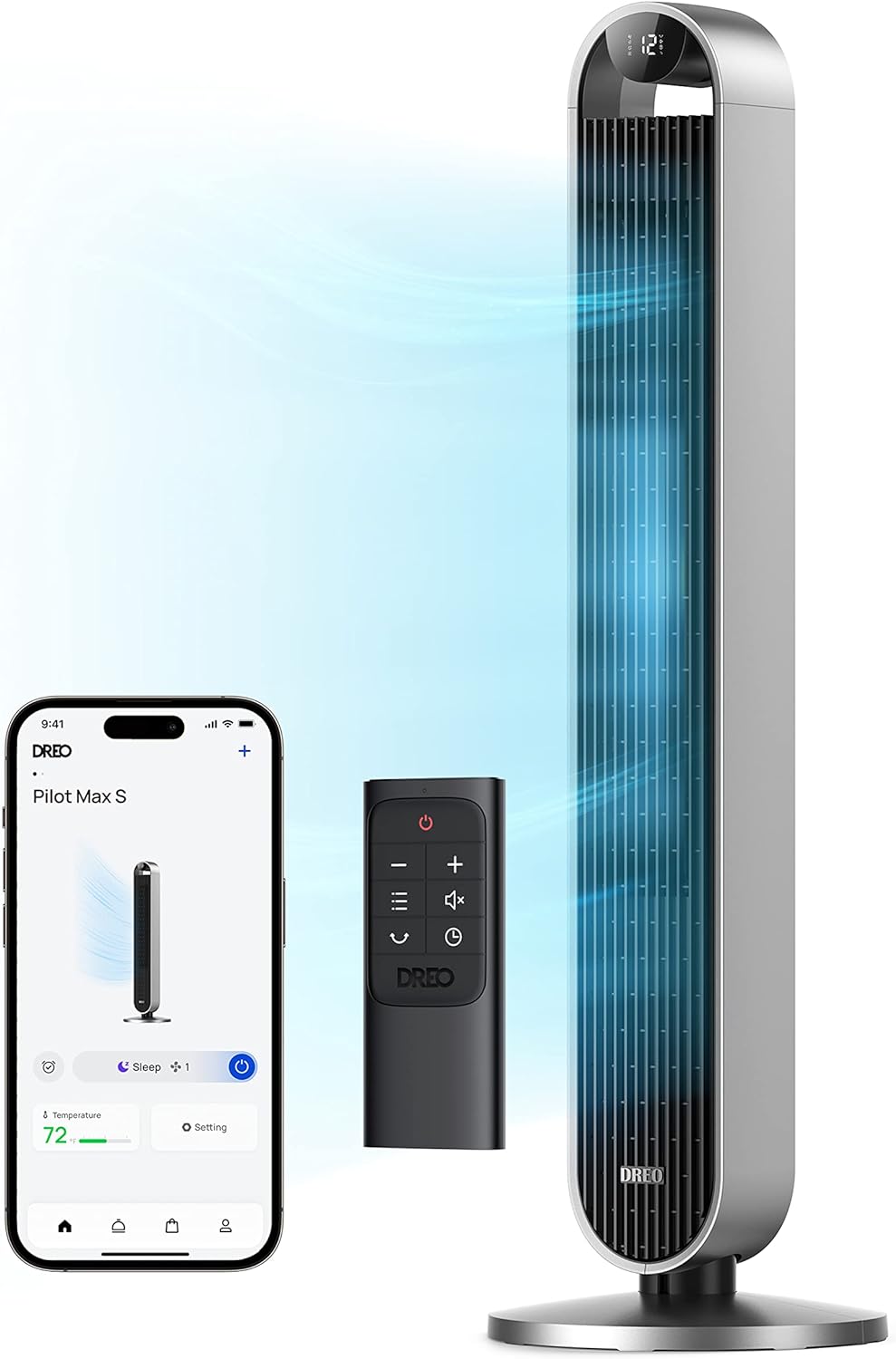 Ventilador de torre inteligente Dreo 25 dB más silencioso con control por voz, ventilador WiFi para Alexa, control por APP, ventilador de pie oscilante de 120°, 12 velocidades, 4 modos, temporizador de 12 horas, Pilot Max S