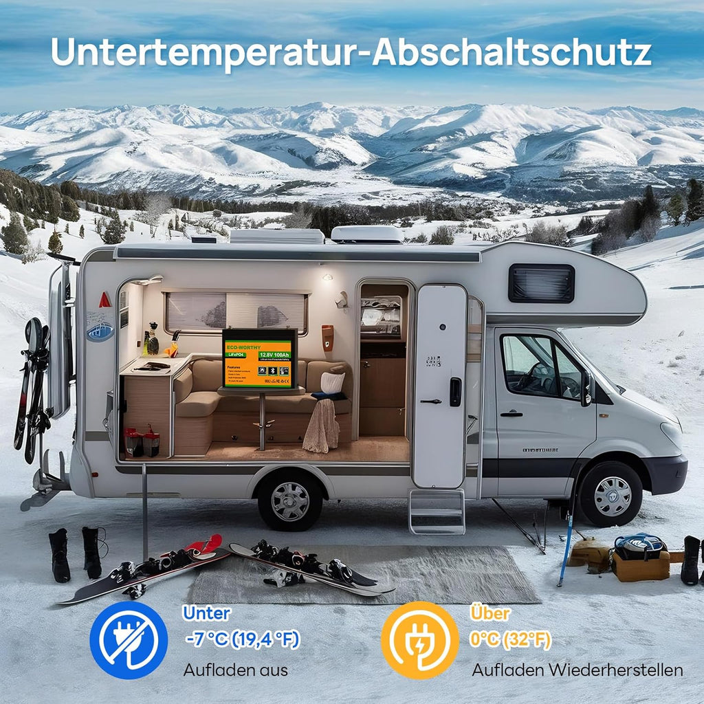 ECO-WORTHY LiFePO4 Bluetooth de 12V 100Ah con cargadores de 12/24V 20A, batería de litio de 12V 100Ah con protección BMS contra bajas temperaturas para autocaravanas, barcos y caravanas
