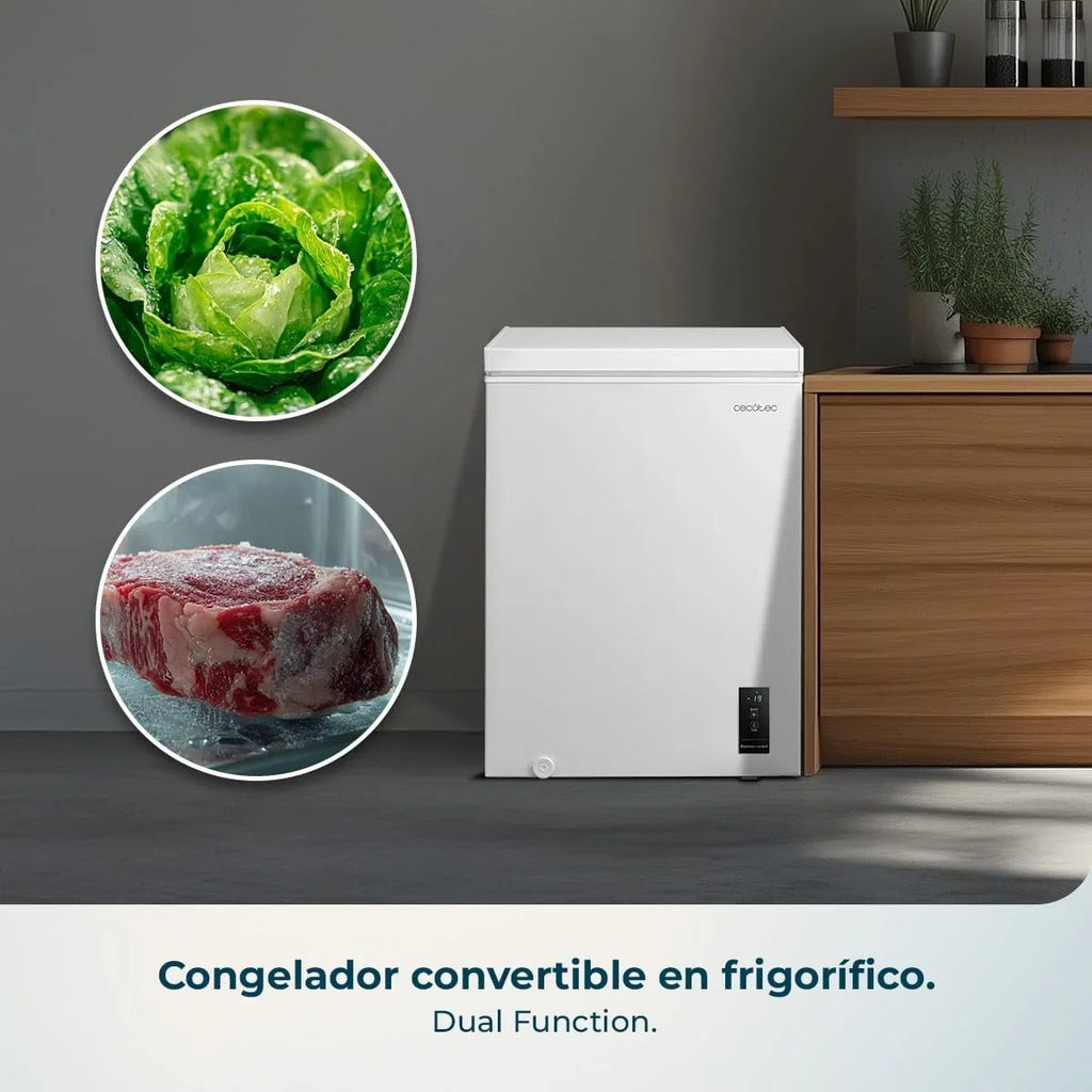 Congelador Horizontal Cecotec 143L Bolero CoolMarket Chest 143P Blanco E. Cesta con asas, control electrónico LED, UltraContact D-Cool, función dual, puerta ZeroG (80º-30º), congelación rápida, compacto