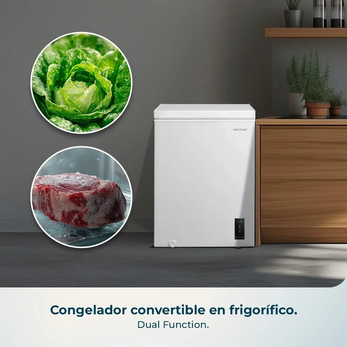 Congelador Horizontal Cecotec 143L Bolero CoolMarket Chest 143P Blanco E. Cesta con asas, control electrónico LED, UltraContact D-Cool, función dual, puerta ZeroG (80º-30º), congelación rápida, compacto