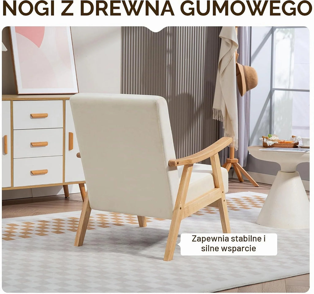 HOMCOM Fotel nordycki z podłokietnikami i poduszką, kremowobiały