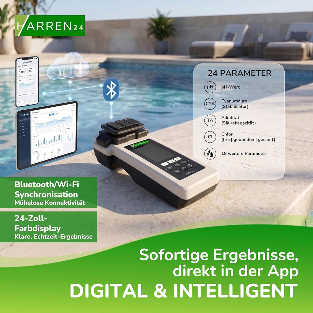 Poollab 2.0 Edición Especial, comprobador electrónico de piscinas (fotómetro), medidor de agua de piscina, 170 tabletas de prueba para cloro, valor de pH, rojo fenol, accesorios para piscinas (con DPD1, DPD3, pH, CYA, AlkalM)