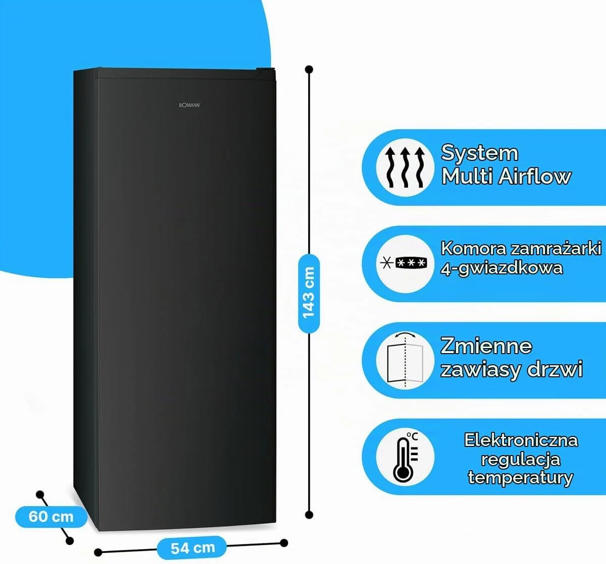 Zamrażarka Bomann 161L czarna GS7343 - Total No Frost, system MultiAirflow, 3 szuflady, sterowanie elektroniczne, super zamrażanie, 39 dB, odwracalne, 220-240V