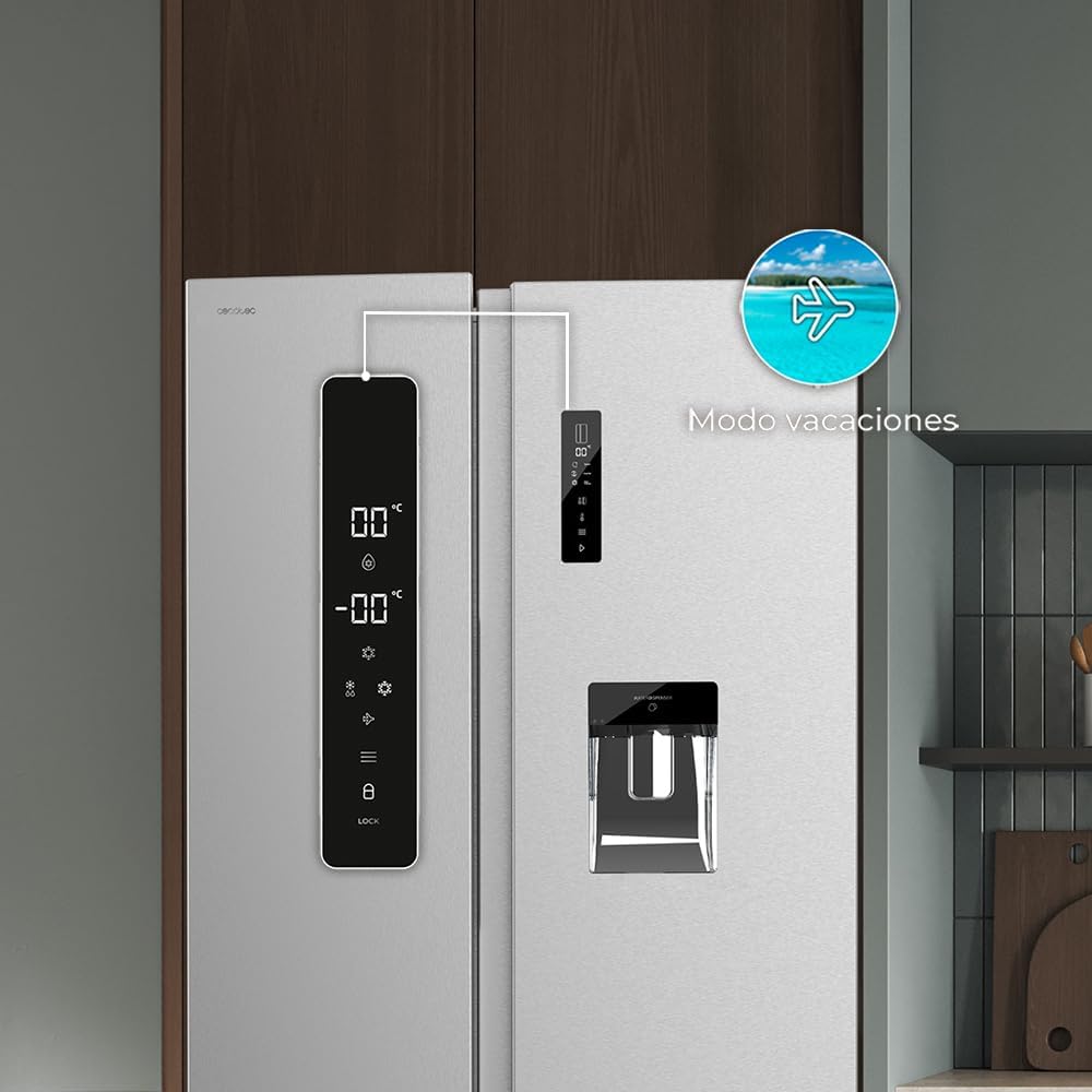 Frigorífico americano Cecotec Bolero CoolMarket SBS 559 Inox E, 559 L, 177 cm x 90 cm, Clase E, Sistema Multi Air Flow, Total No Frost, Motor Inverter Plus, Enfriamiento rápido, Modo Eco, Alarma de puerta