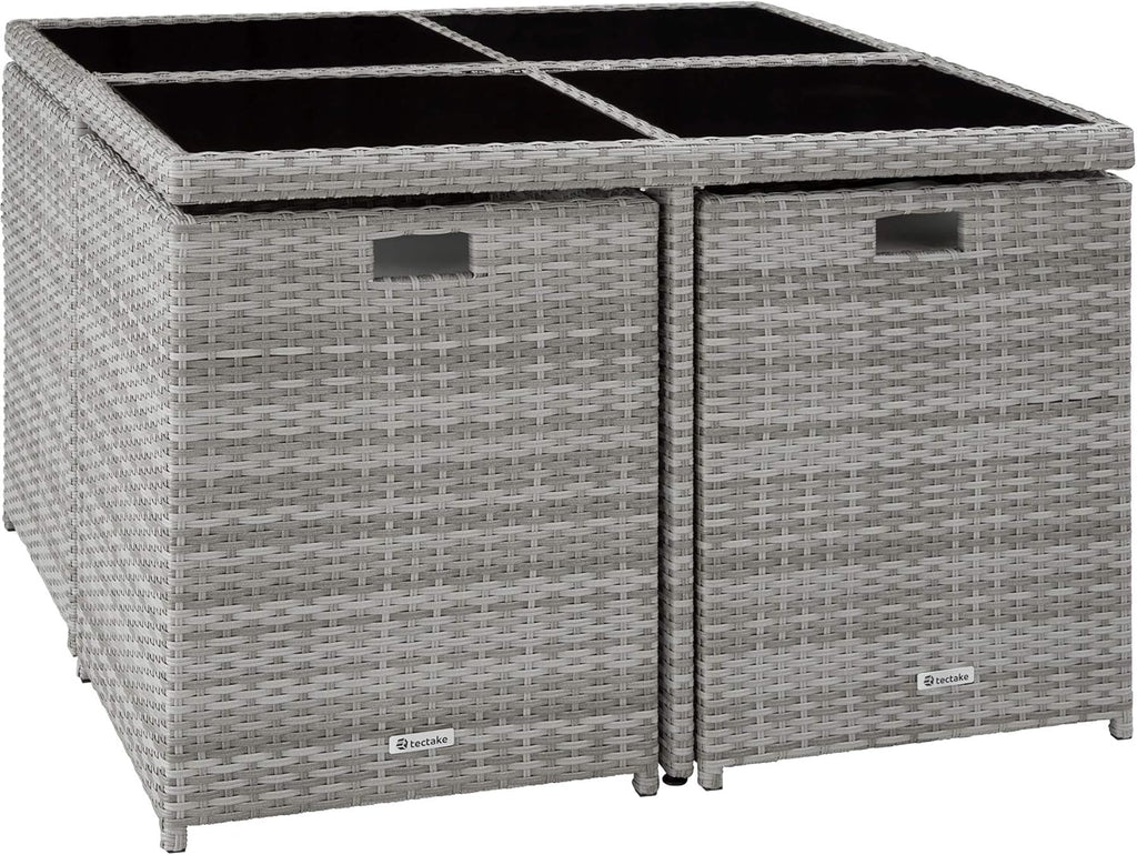 tectake® Juego de muebles de salón, 4 sillas, 4 taburetes, 1 mesa, almacenamiento en cubo que ahorra espacio, muebles de jardín de ratán para exterior, balcón, jardín y terraza, con funda y fundas de repuesto - gris claro