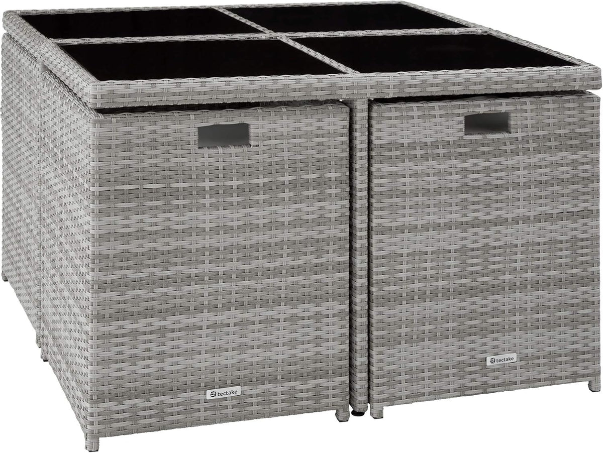 tectake® Juego de muebles de salón, 4 sillas, 4 taburetes, 1 mesa, almacenamiento en cubo que ahorra espacio, muebles de jardín de ratán para exterior, balcón, jardín y terraza, con funda y fundas de repuesto - gris claro