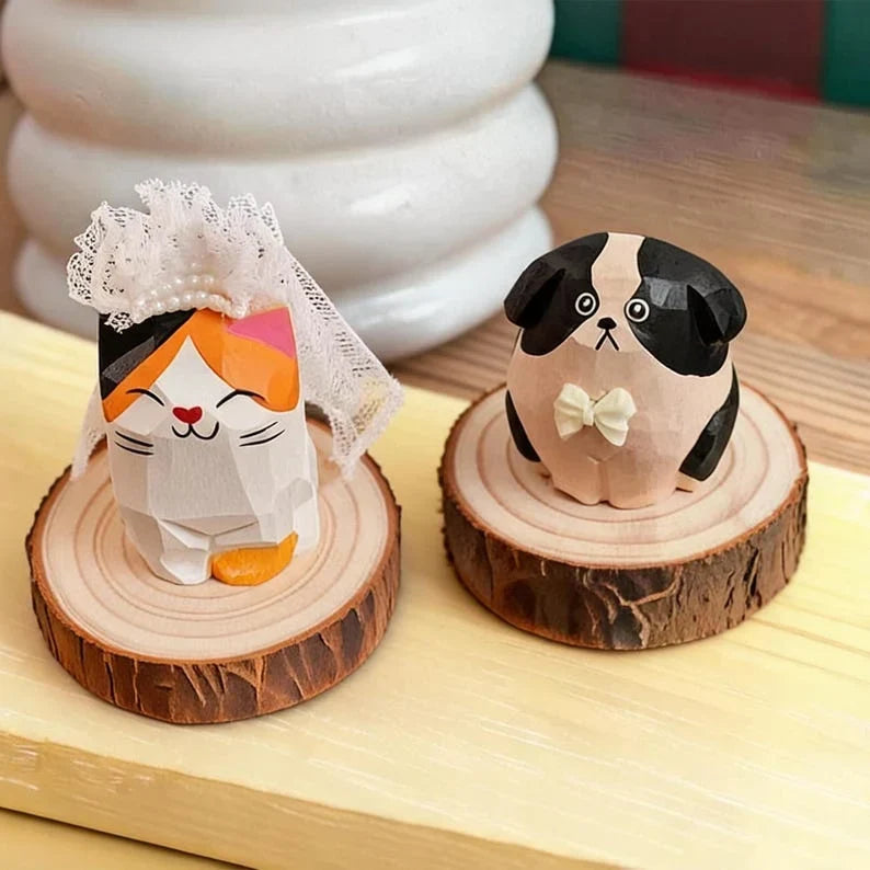 Adornos de madera tallados a mano de gatos y perros, decoración rústica para el hogar estilo bohemio de granja para escritorio